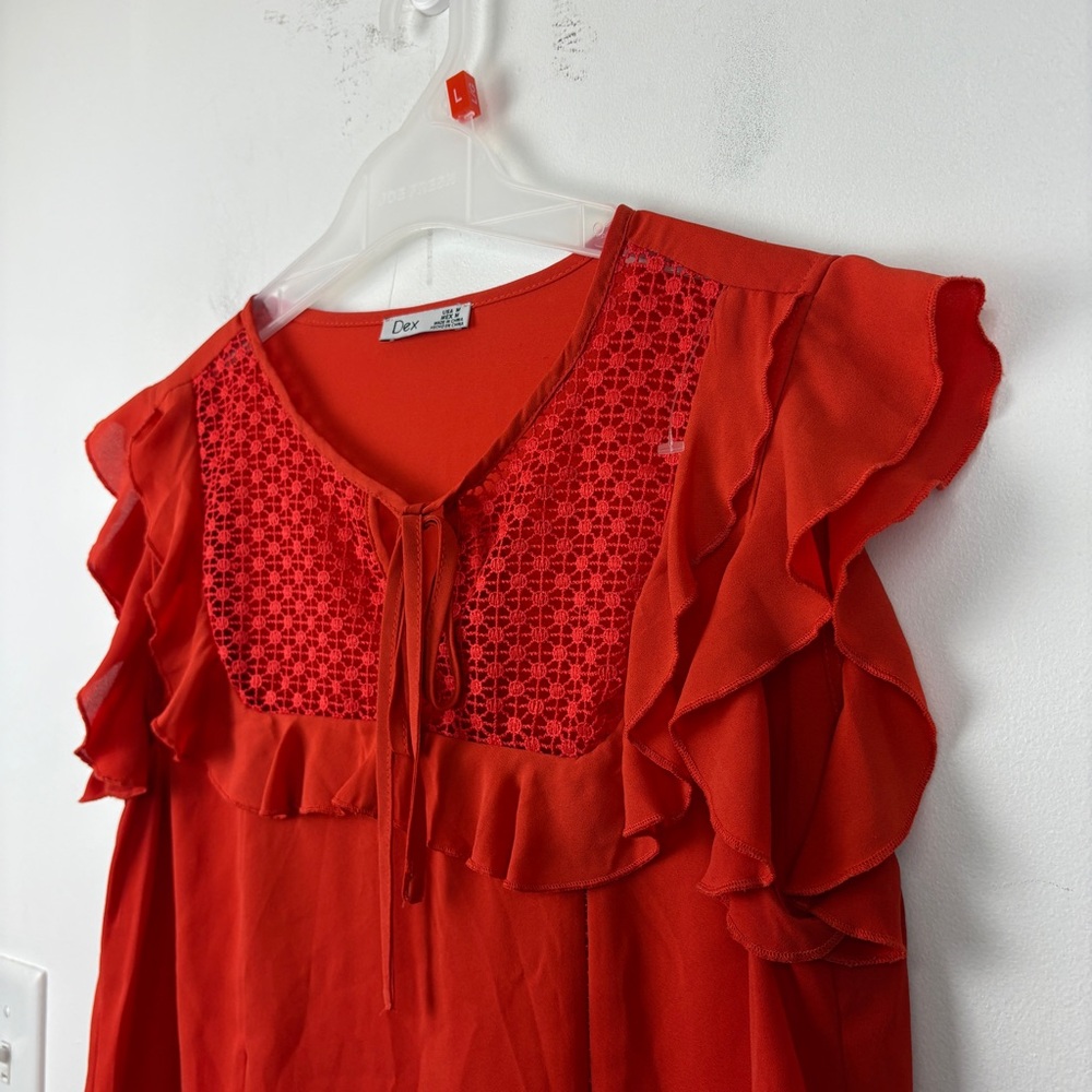 Dex Red Sleeveless Ruffled Tie Front Blouse Boho Feminine Lace Detail Top - Picture 3 of 8